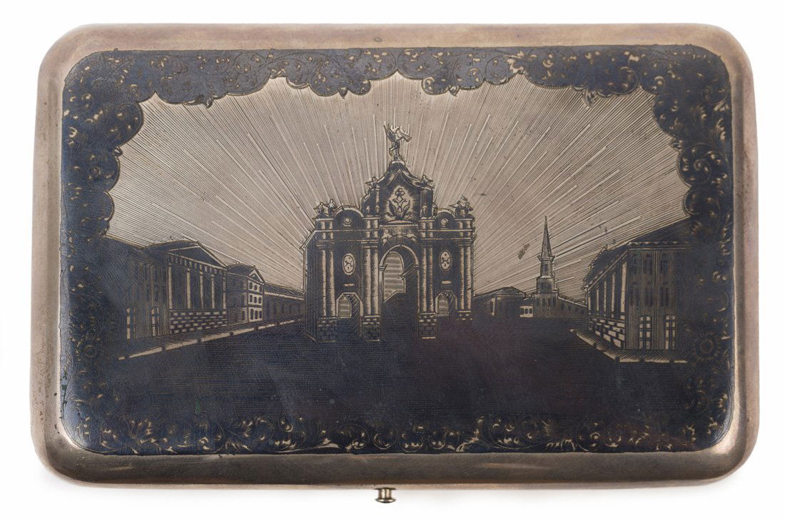 A RUSSIAN NIELLO AND MACHINE-TURNED CIGARETTE CASE,: A RUSSIAN NIELLO AND MACHINE-TURNED CIGARETTE CASE, MOSCOW, 1859, Decorated with view on the square with The Red Gates in Moscow on one side and coat-of-arms on machine turned pattern background on th