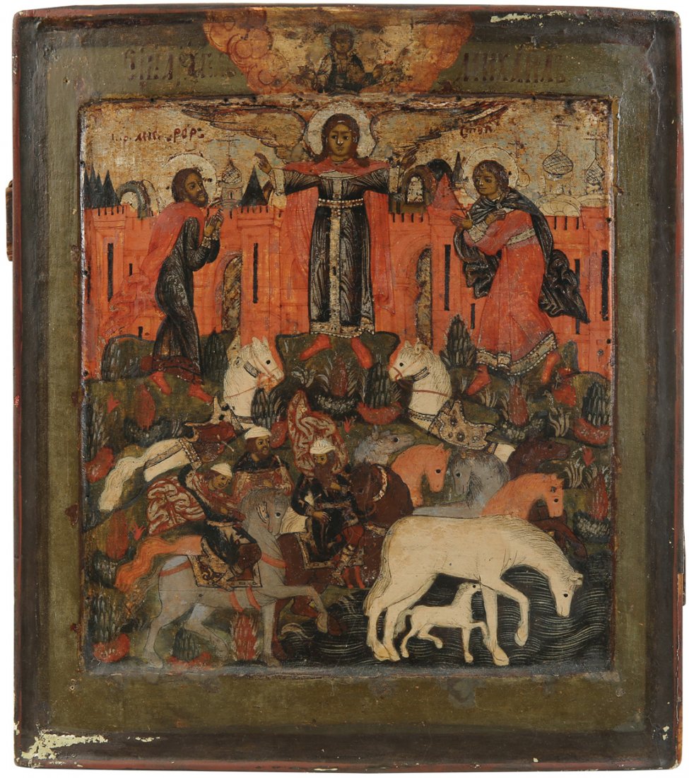 A RUSSIAN ICON OF SAINTS FLOR AND LAVR, NORTHERN: A RUSSIAN ICON OF SAINTS FLOR AND LAVR, NORTHERN SCHOOL, CIRCA 1700, egg tempera, gold leaf, and gesso on wood panel with kovcheg. Two insert splints on the back. 31.5 x 28 cm (12 3/8 x 11 in.), PROVE
