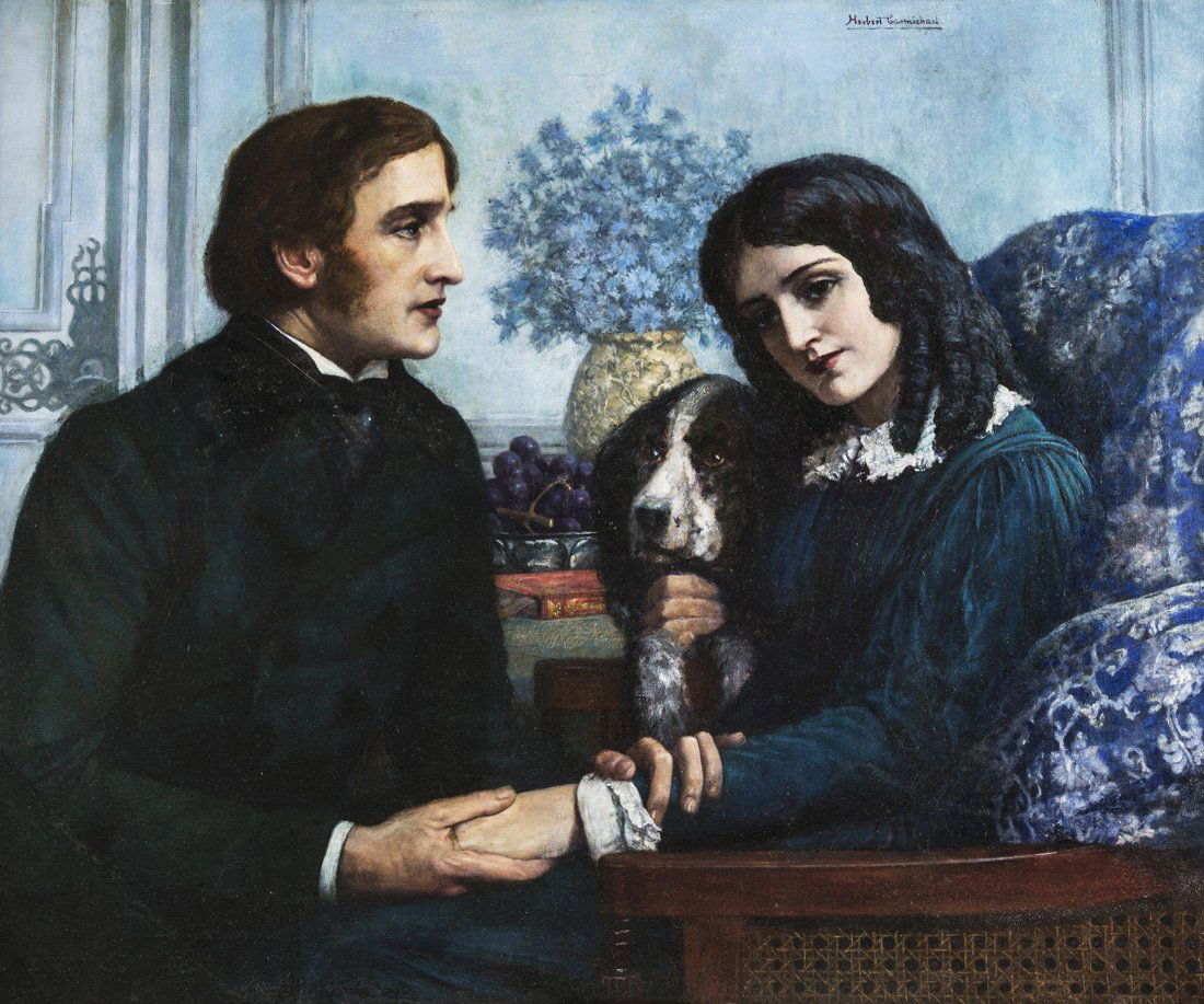 HERBERT GUSTAVE CARMICHAEL SCHMALZ (BRITISH 1856-1935),: HERBERT GUSTAVE CARMICHAEL SCHMALZ (BRITISH 1856-1935), 'Robert Browning visits Elizabeth Barrett at 50 Wimpole Street', oil on canvas, 84 x 104 cm (33 x 41 in.), signed 'Herbert Carmichael' upper rig