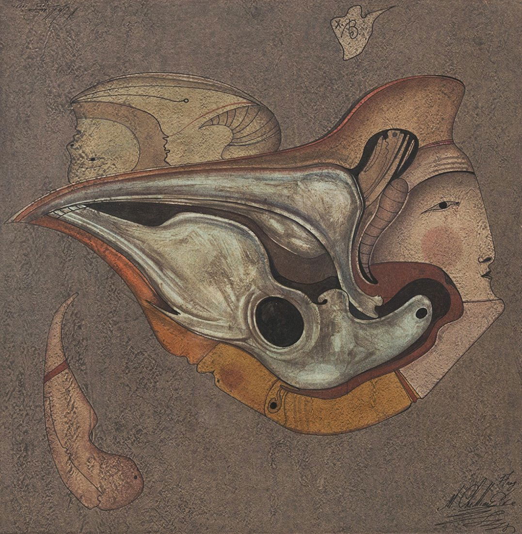 MIKHAIL CHEMIAKIN (RUSSIAN B. 1943), 'Metaphysical: MIKHAIL CHEMIAKIN (RUSSIAN B. 1943), 'Metaphysical Heads(Shell)', 1977, gouache and ink on paper, 31.5 x 31 cm (12 3/8 x 12 1/4 in.), signed and dated lower right and upper left , PROVENANCE: Galerie