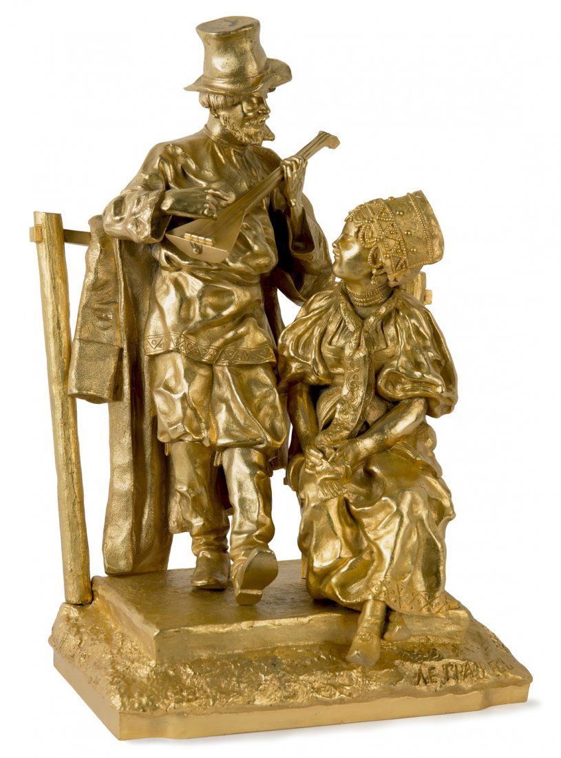 VASSILI GRACHEV (RUSSIAN 1831-1905), 'Balalaika: VASSILI GRACHEV (RUSSIAN 1831-1905), 'Balalaika Player', gilded bronze, height: 31.7 cm (12 1/2in.), signed on the base in Cyrillic, with the Woerffel foundry stamp in Cyrillic,