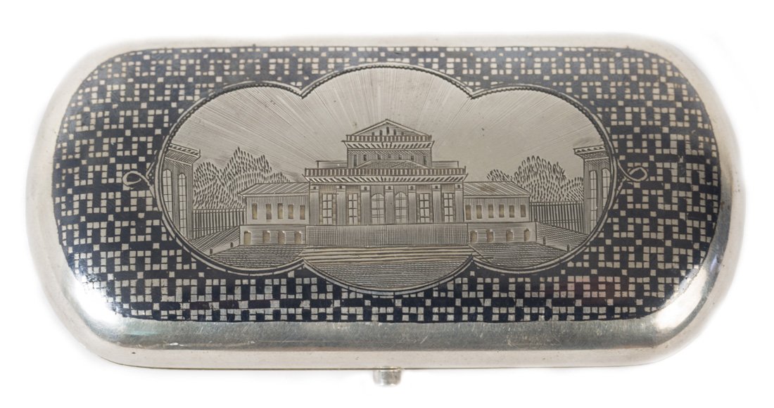 A RUSSIAN SILVER AND NIELLO CIGARETTE CASE, IVAN: A RUSSIAN SILVER AND NIELLO CIGARETTE CASE, IVAN GUBKIN, MOSCOW, C. 1870, both panels ornately decorated in niello and engine-turned designs with detailed architectural view on front panel, gilded int