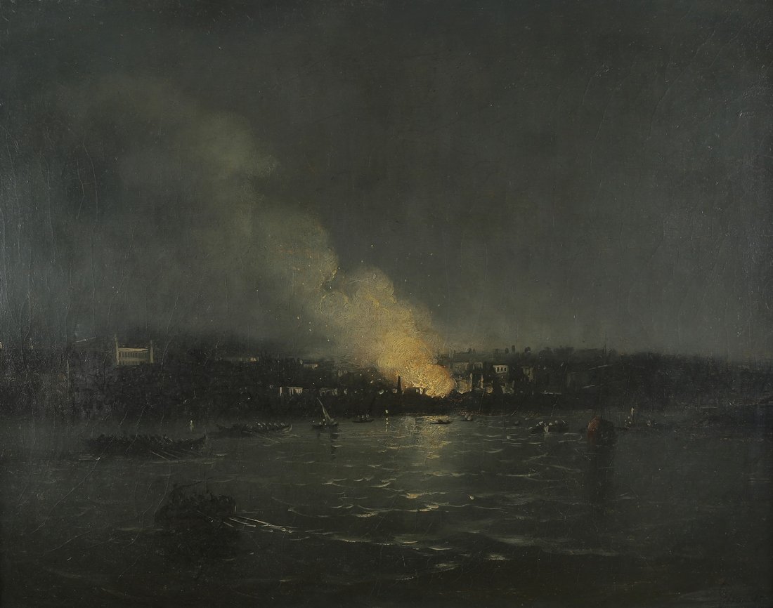 MEKERTICH GIVANIAN (TURKISH-ARMENIAN 1848-1906) Fire: MEKERTICH GIVANIAN (TURKISH-ARMENIAN 1848-1906) Fire in Haydarpasa, Constantinople, oil on canvas 52.3 x 69.4 cm (20 5/8 x 27 1/4 in.) signed lower right LOT NOTES Mekertich Givanian was born in Istan