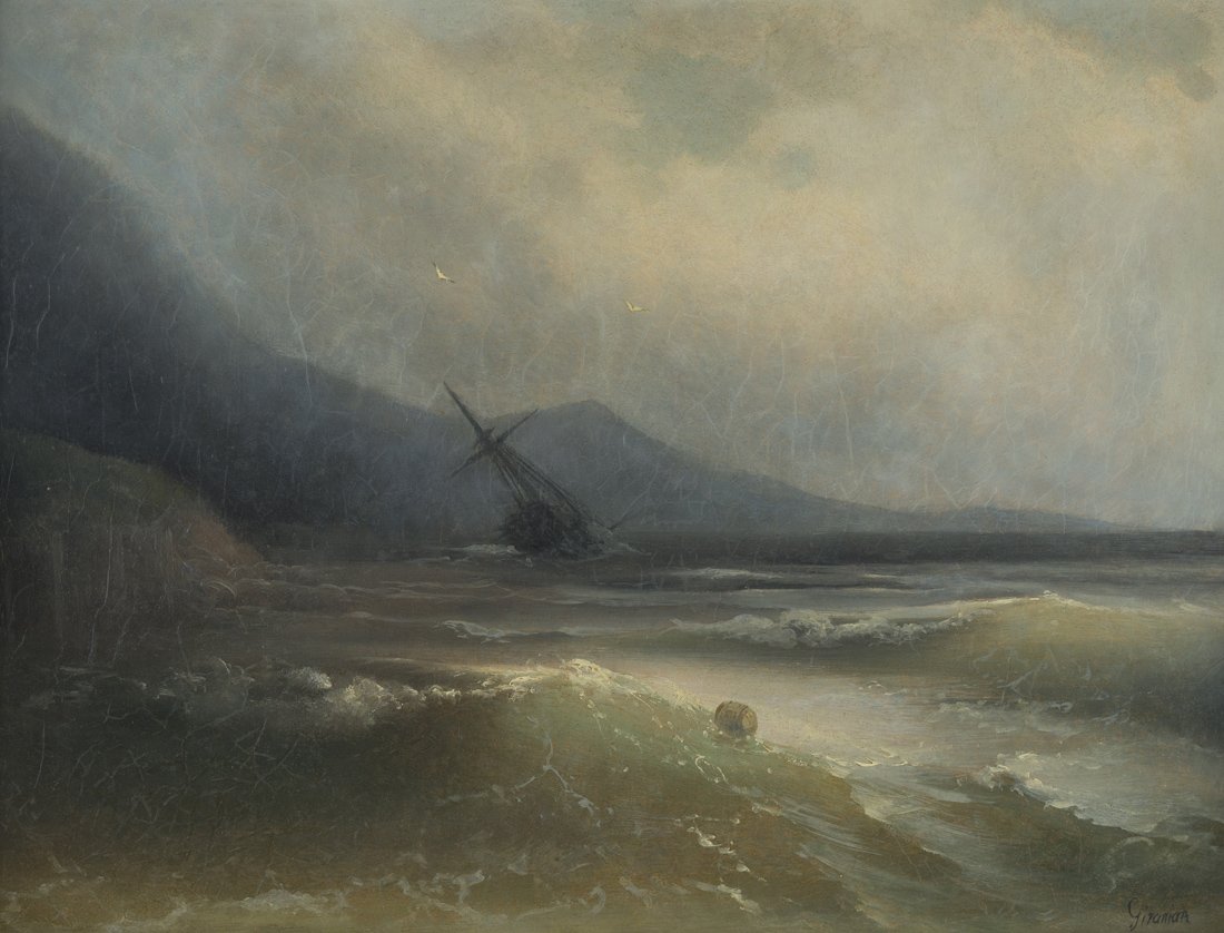 MEKERTICH GIVANIAN (TURKISH-ARMENIAN 1848-1906) Ship: MEKERTICH GIVANIAN (TURKISH-ARMENIAN 1848-1906) Ship Tossed at Sea, oil on canvas 52.3 x 68.4 cm (20 5/8 x 27 in.) signed lower right LOT NOTES Mekertich Givanian was born in Istanbul and studied at t