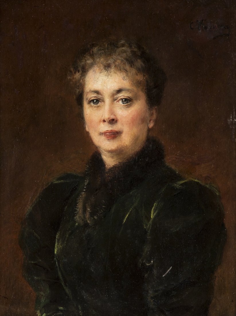 KONSTANTIN EGOROVICH MAKOVSKY (RUSSIAN 1839-1915): KONSTANTIN EGOROVICH MAKOVSKY (RUSSIAN 1839-1915) Portrait of the Artist`s Mother in Law, oil on panel 41 x 31.5 cm (16 1/8 x 12 5/8 in.) signed in Latin in the upper right, titled in Cyrillic on vers
