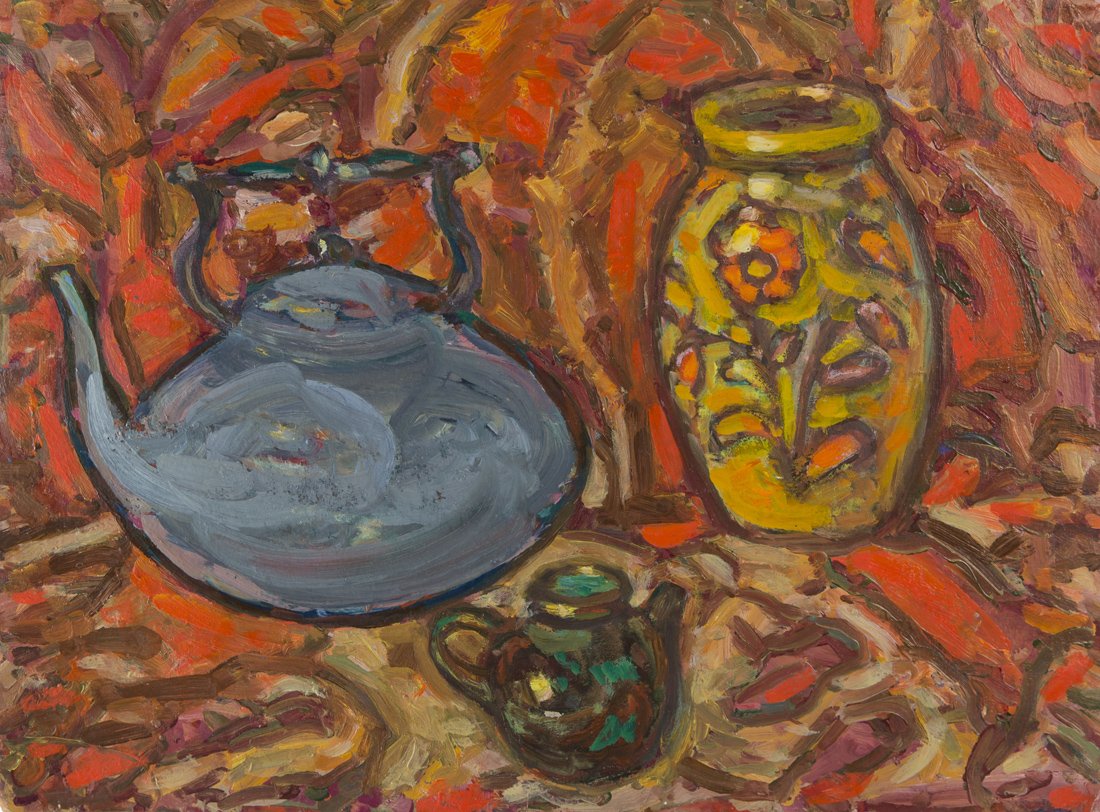 ZINAIDA GAIDUK (UKRAINIAN 1937-2012) Still Life with: ZINAIDA GAIDUK (UKRAINIAN 1937-2012) Still Life with Teapot, oil on paperboard 36.5 x 49.5 cm (14 1/4 x 19 1/2 in.)