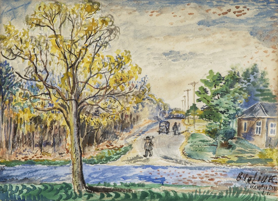 DAVID BURLIUK (RUSSIAN 1882-1967) Autumn in Hampton: DAVID BURLIUK (RUSSIAN 1882-1967) Autumn in Hampton Bays, 1945 watercolor on paper 28 x 38.5 cm (11 x 15 1/8 in) [sight] signed and inscribed Hampton Bays L.I. lower right, dated lower left Hampton Ba