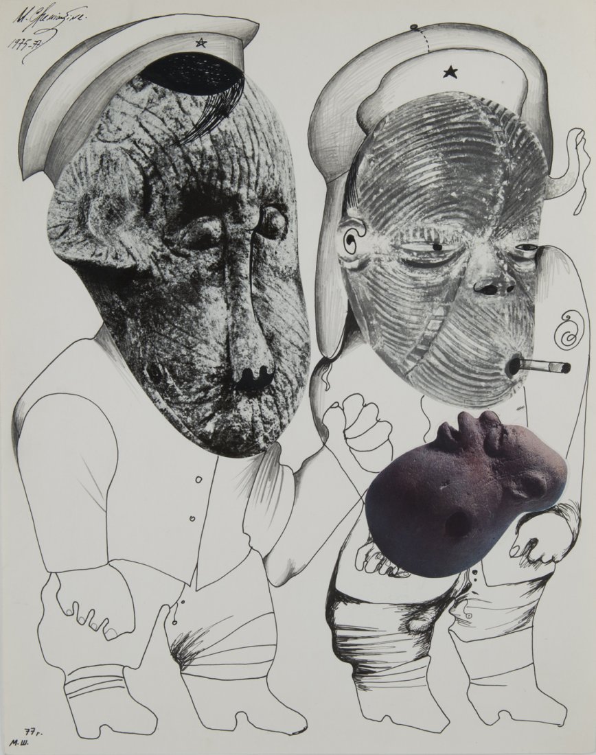 MIKHAIL CHEMIAKIN (RUSSIAN B. 1943) Two Soldiers with: MIKHAIL CHEMIAKIN (RUSSIAN B. 1943) Two Soldiers with African Mask Faces, 1975-77 collage with india ink, pencil and magazine clippings on paper 32.4 x 24.7 cm (12 3/8 x 9 3/4 in.) each signed and dat