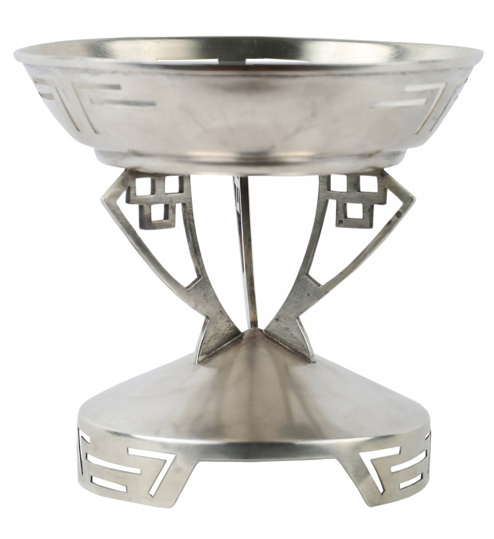 A RUSSIAN SILVER ART DECO STAND, PARTIALLY LEGIBLY: A RUSSIAN SILVER ART DECO STAND, PARTIALLY LEGIBLY MARKED â€˜NG?â€™ IN CYRILLIC, MOSCOW, 1899-1908, the silver dish with an attached stand, with geometric open-work Art Deco designs, supporte