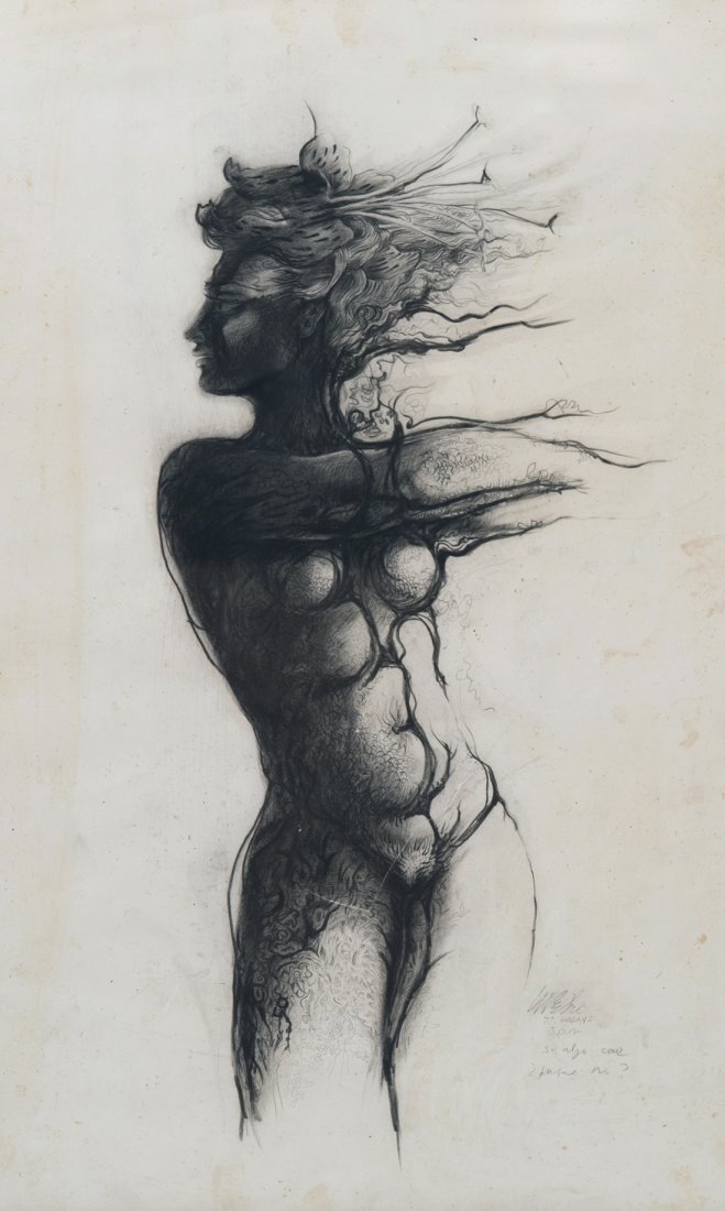 LUIS MARTINEZ PEDRO (CUBAN 1910 -1990) Se algo cae...: LUIS MARTINEZ PEDRO (CUBAN 1910 -1990) Se algo cae..., 1977 charcoal on paper 55 x 34.5 cm (21 5/8 x 13 5/8 in.) [sight] signed, titled and dated lower right PROVENANCE Acquired by the present owner d