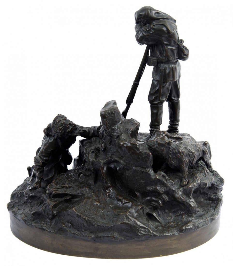 VASSILI GRACHEV (RUSSIAN 1831-1905) Crouching in: VASSILI GRACHEV (RUSSIAN 1831-1905) Crouching in Ambush , bronze with medium brown patina height: 25 ( 97/8 in.) signed on base in Cyrillic, inscribed with St. Petersburg C.F. Woerffel foundry mark in
