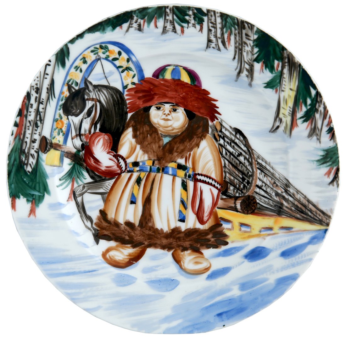 AN EARLY SOVIET PLATE WITH A DRAWING OF: AN EARLY SOVIET PLATE WITH A DRAWING OF MUZHICHOK-S-NOGOTOK, STATE PORCELAIN MANUFACTORY, 1924 the soup plate interior fully hand-painted with an image of the character of Muzhichok-s-Nogotok from Nik