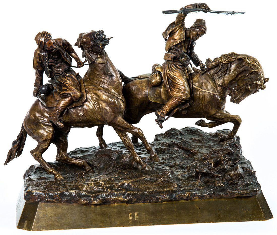 VASILY YAKOVLEVITCH GRACHEV (RUSSIAN 1831-1905): VASILY YAKOVLEVITCH GRACHEV (RUSSIAN 1831-1905) Galloping Cherkessians, bronze with medium brown patina height: 43 cm (17 in.) signed in Cyrillic and with Woerffel Foundry Mark in Latin on base PLEASE