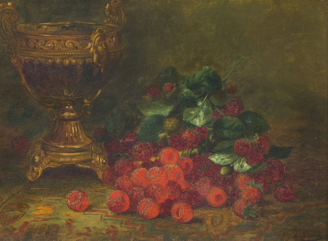 AUGUST LAUX (AMERICAN 1847-1921) : AUGUST LAUX (AMERICAN 1847-1921) Still Life with Raspberries and Chalice, oil on canvas 25.5 x 35.5 cm (10 x 14 in.) signed lower right PLEASE NOTE If you will be bidding live on auction day, pleas