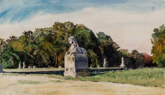 ALEXANDRE BENOIS (RUSSIAN 1870-1960): ALEXANDRE BENOIS (RUSSIAN 1870-1960) Fontainebleau, 1935 watercolor on paper 26 x 43.8 cm (10 1/4 x 17 1/4 in.) signed and dated lower right; dated lower left; signed, titled, and dated on verso PLEAS