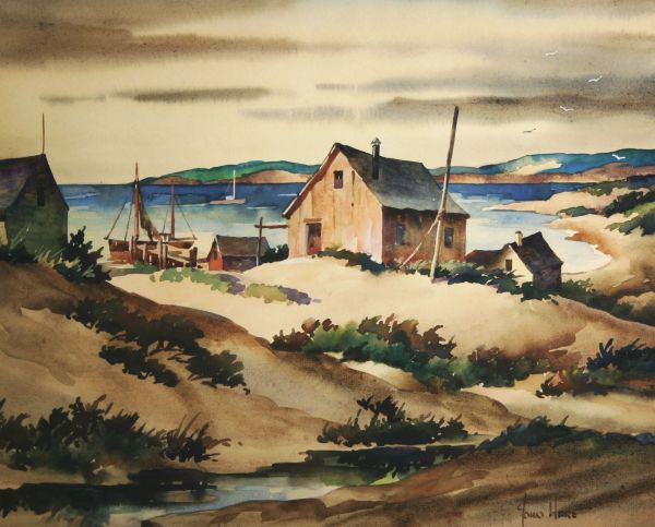 JOHN HARE 1908-1978 Provincetown Mass Painting: JOHN CUTHBERT HARE (AMERICAN 1908-1978), "Provincetown Wharf," signed lower right, watercolor, 9 1/4 x 11 1/2 in. (23.5 x 29.2 cm.)