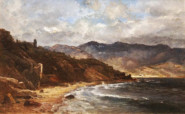 LEV LAGORIO b1827 Russian Oil Painting Seascape: LEV FELIXOVICH LAGORIO (RUSSIAN 1827-1905), "Seascape by a Mountain," signed lower right, oil on canvas, 17 1/2 x 27 1/2 in. (45 x 70 cm.)