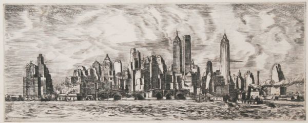 REGINALD MARSH Lim.Ed. Etching New York City 1937: REGINALD MARSH (AMERICAN 1898-1954), "New York Skyline," 1937, signed and dated in plate lower right, etching, 6 x 15 in. (15.2 x 38.1 cm.)