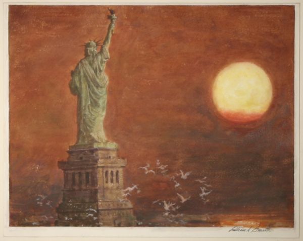 WILLIAM ARTHUR SMITH b1918 Statue of Liberty Pntg: WILLIAM ARTHUR SMITH (AMERICAN 1918-1989), "Statue of Liberty at Sunrise," signed lower right, mixed media, 11 1/2 x 14 in. (29.2 x 35.6 cm.)