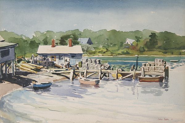 JOHN LEAR b1910 Watercolor Painting Boats: JOHN B. LEAR (AMERICAN B1910), "Dock with Rowboats," 1956, signed and dated lower right, watercolor, 11 1/2 x 17 1/4 in. (29.2 x 43.8 cm.)