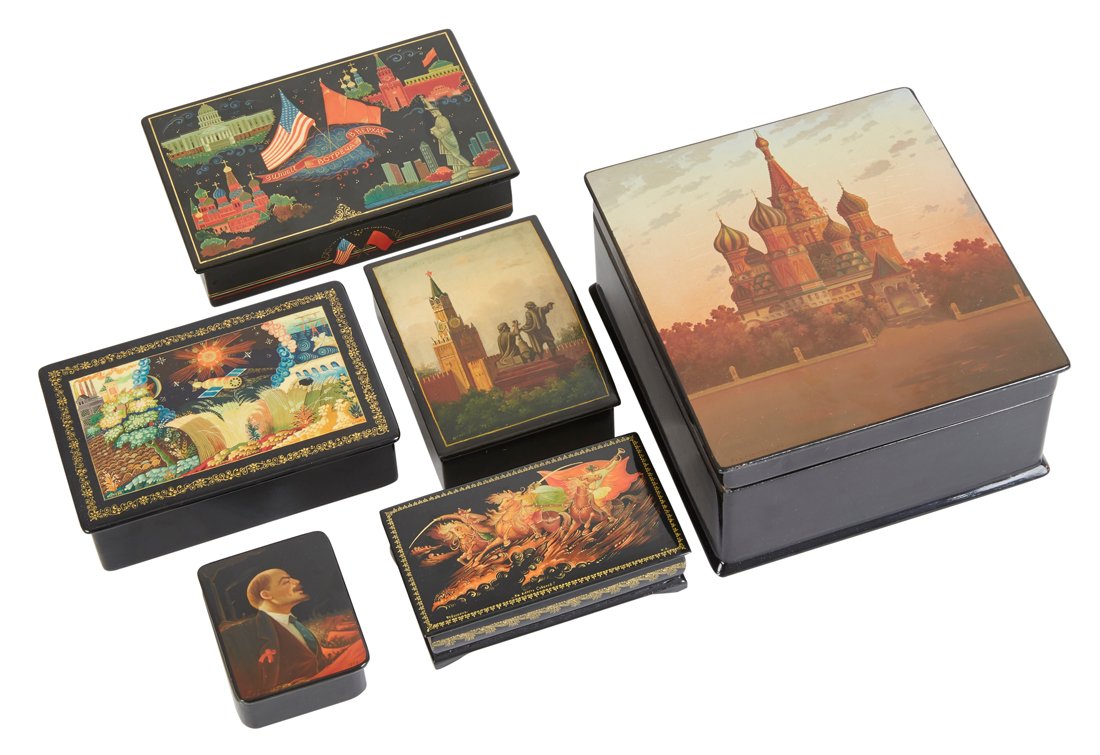 A GROUP OF 6 RUSSIAN LACQUER BOXES FEATURING SOVIET (1 of 1)