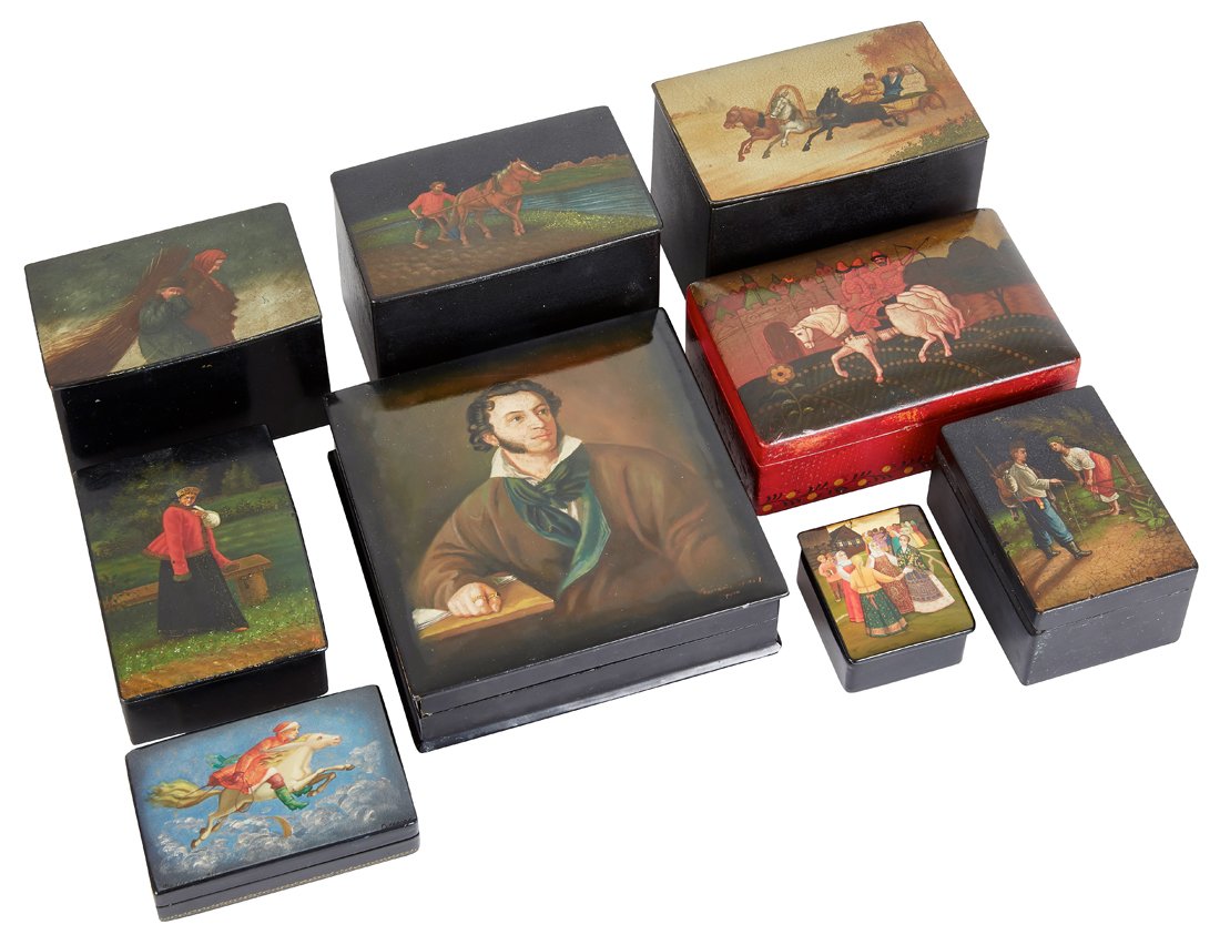 A GROUP OF 9 RUSSIAN LACQUER BOXES FEATURING SCENES (1 of 1)