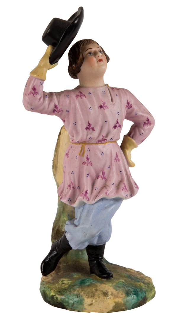 A RUSSIAN PORCELAIN FIGURE OF A DANCING PEASANT BOY, (1 of 3)