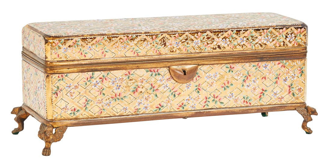 AN AMBER GLASS BOHEMIAN GLOVE BOX, 19TH CENTURY (1 of 2)