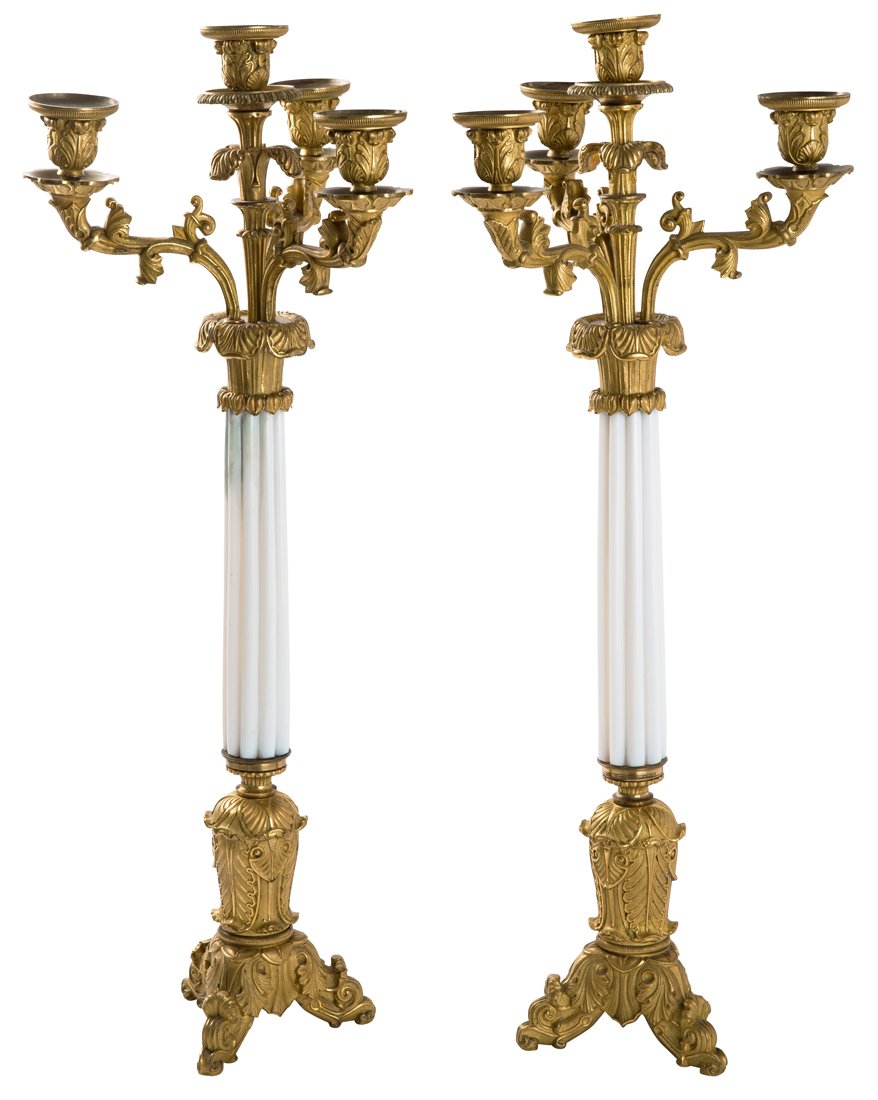 A PAIR OF GILT BRONZE AND MILK GLASS CANDELABRA, 20TH (1 of 1)