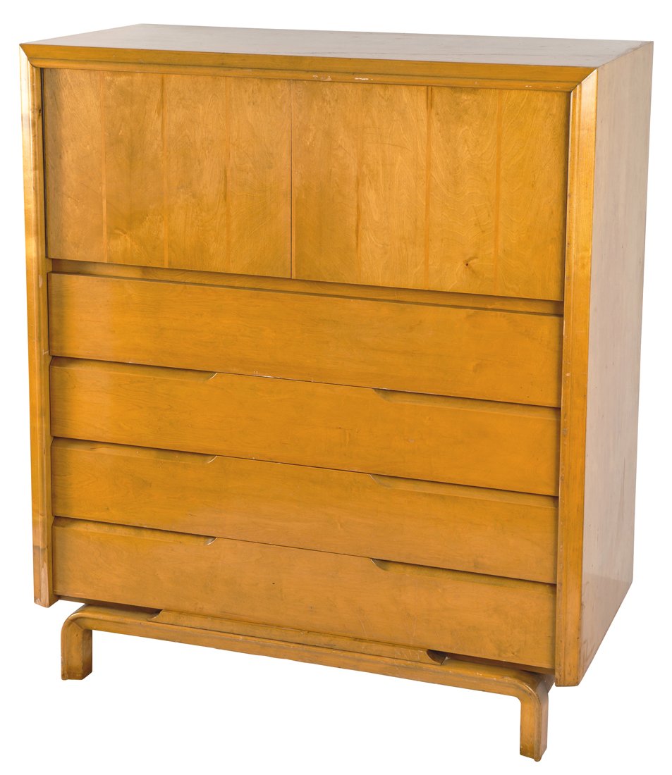 AN EDMUND SPENCE SWEDISH MADE MID CENTURY MODERN: AN EDMUND SPENCE SWEDISH MADE MID CENTURY MODERN DRESSER, 1950S Swedish mid-century modern dresser with four drawers and a double doored cabinet, made from a light colored, yellow wood, likely birch, 