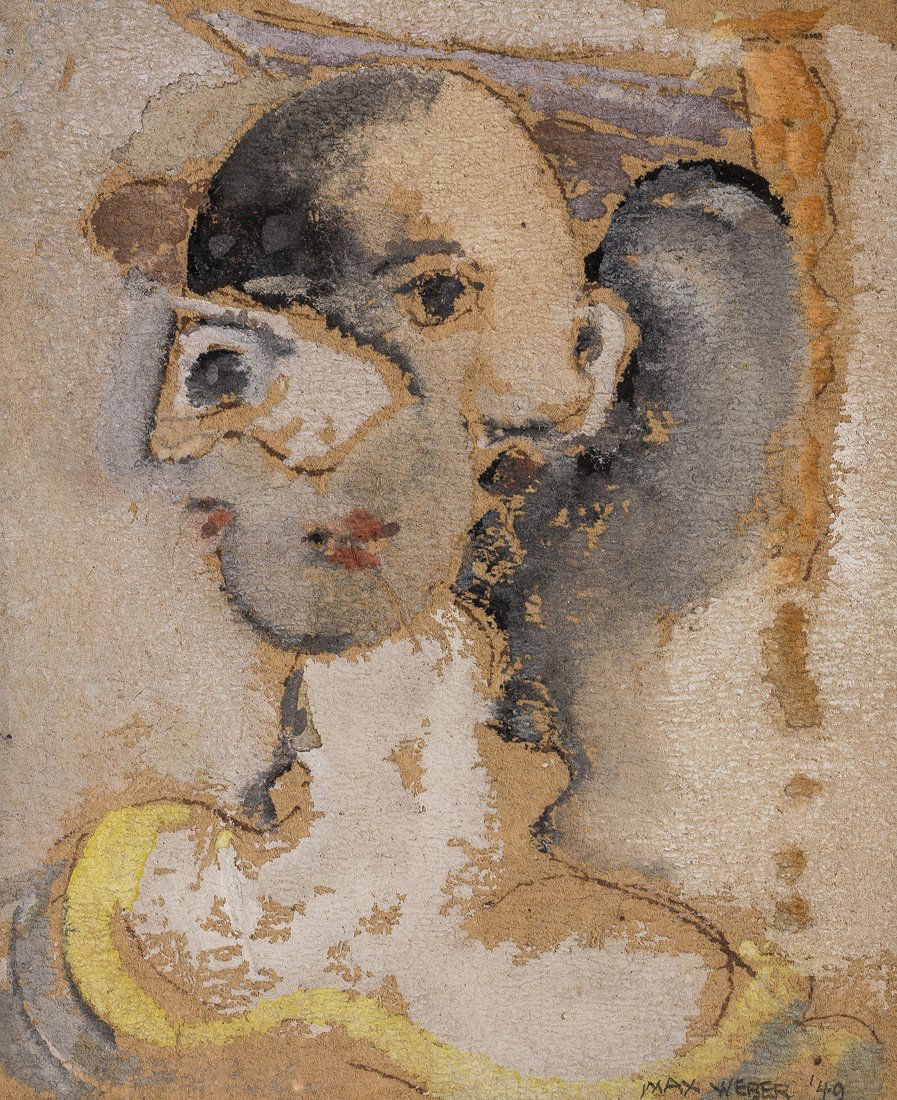 MAX WEBER (AMERICAN 1881-1961): MAX WEBER (AMERICAN 1881-1961) Head, 1949 gouache and ink on paper 12.5 x 10.5 cm (4 7/8 x 4 1/8 in.) [sight] signed and dated lower right PROVENANCE Krasner Gallery, New York, NY (old label on verso)
