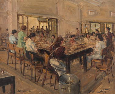 LUDWIG BLUM (CZECH-ISRAELI 1891-1975): LUDWIG BLUM (CZECH-ISRAELI 1891-1975) Women Preparing Meals for Soldiers during the War of Independence, 1948 oil on canvas 58.5 x 71 cm (23 x 28 in.) signed and dated lower right, signed lower left