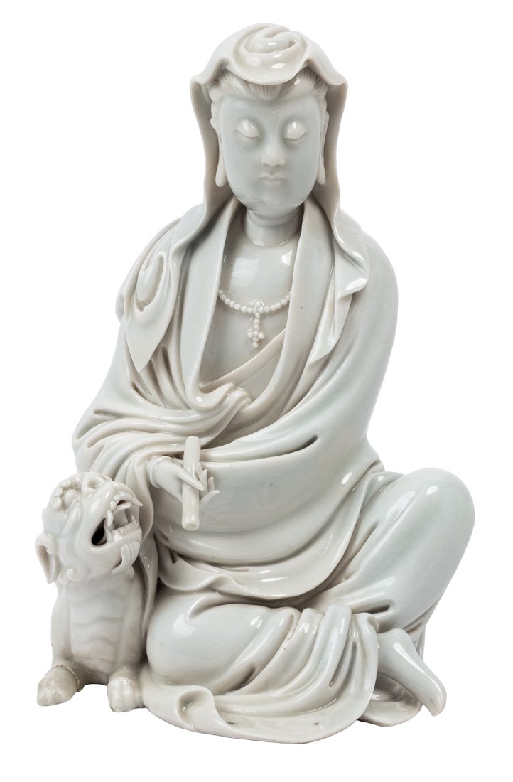 A BLANC-DE-CHINE GUANYIN AND LION GROUP, QING DYNASTY, (1 of 6)