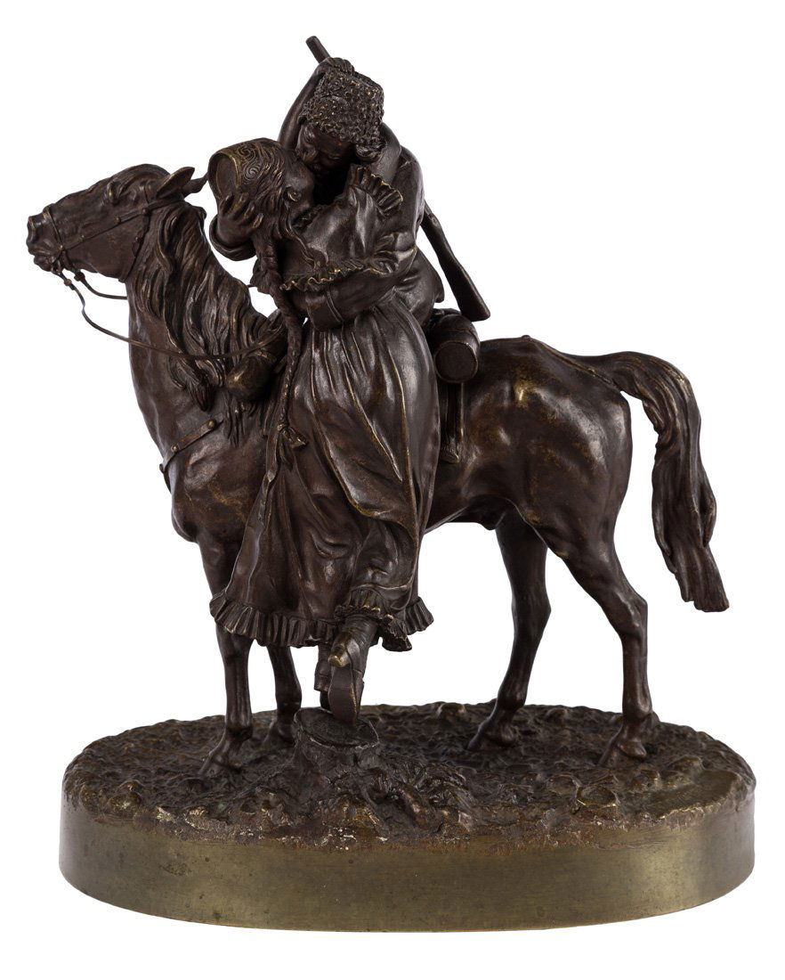 VASSILI GRACHEV (RUSSIAN 1831-1905): VASSILI GRACHEV (RUSSIAN 1831-1905) Soldier on Horseback Kissing his Sweetheart, bronze with medium brown patina height: 24.5 cm (9 5/8 in.) signed in Cyrillic, foundry mark of Woerffel St. Petersburg