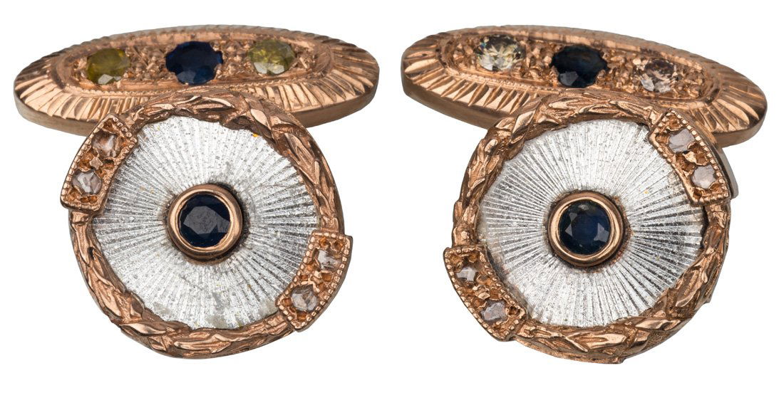 A PAIR OF GEM-SET GOLD AND GUILLOCHE ENAMEL CUFFLINKS, (1 of 3)