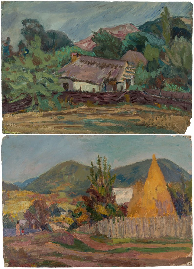 A PAIR OF WORKS BY MEIER AKSELROD (RUSSIAN 1902-1970): A PAIR OF WORKS BY MEIER AKSELROD (RUSSIAN 1902-1970) comprising: a) Landscape, 1939, oil on board, 36 x 52 cm (14 1/8 x 20 1/2 in.), signed, titled, dated and inscribed on verso; b) Ukrainian Village
