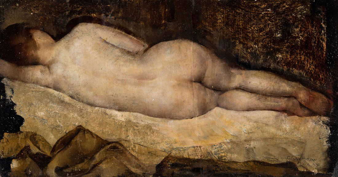 GRIGORY GLUCKMANN (RUSSIAN 1898-1973): GRIGORY GLUCKMANN (RUSSIAN 1898-1973) The Reclining Nude, 1930 oil on panel 20.2 x 38.2 cm (8 x 15 in.) signed, dated, and inscribed Paris lower right PROVENANCE Collection of Chester Dale, New York,