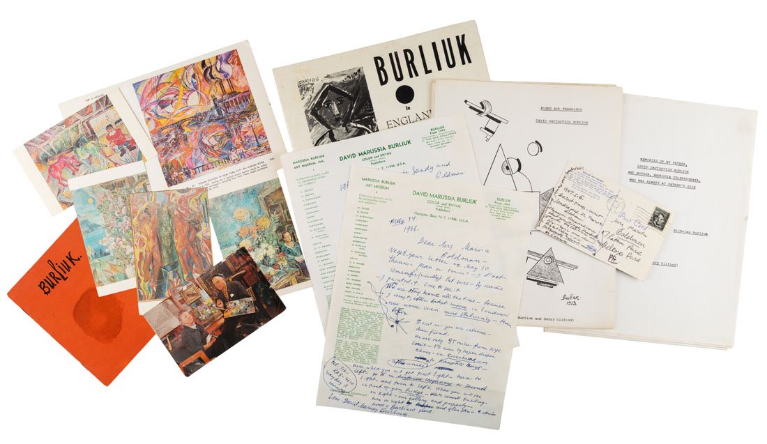 A SELECTION OF BURLIUKIANA INCLUDING CARDS,: A SELECTION OF BURLIUKIANA INCLUDING CARDS, PUBLICATIONS AND PERSONAL LETTERS BY DAVID BURLIUK including: two personal letters and a postcard from David Burliuk to Sandra and Mervin Goldman, written b