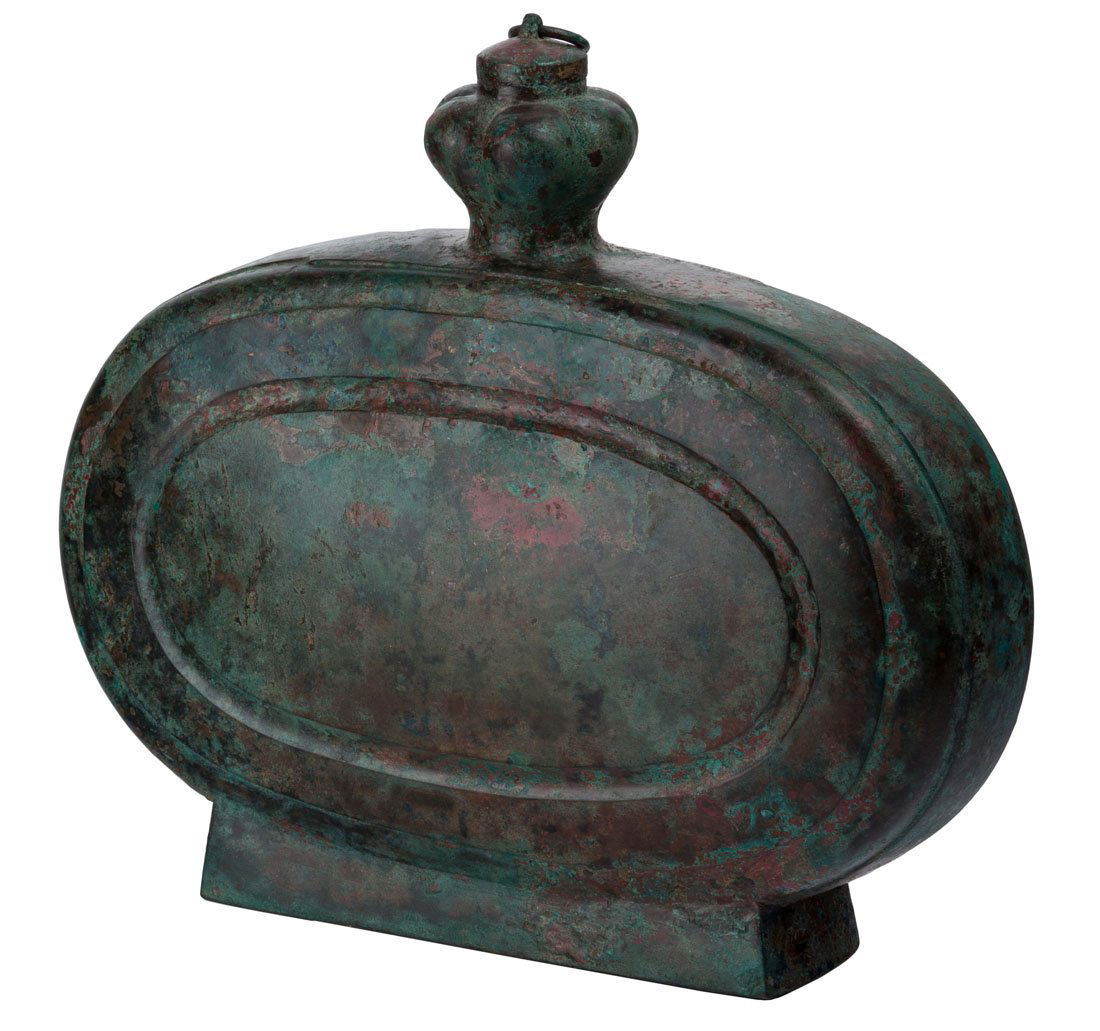 A CHINESE BRONZE BIAN HU BOTTLE WITH A GARLIC MOUTH, (1 of 3)