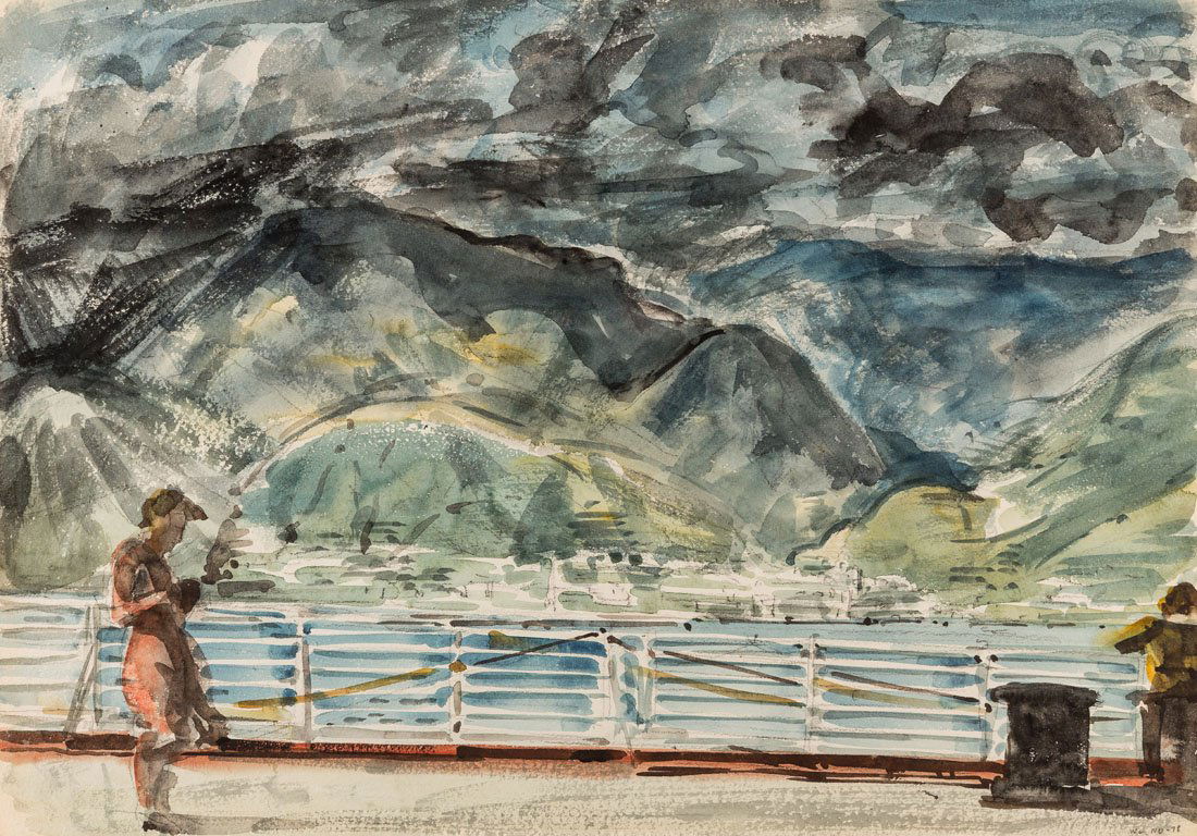 REGINALD MARSH (AMERICAN 1898-1954): REGINALD MARSH (AMERICAN 1898-1954) Two Figures, Ship`s Rail, watercolor and pencil on paper 35.2 x 50.5 cm (13 7/8 x 19 7/8 in.) numbered WC No-78 lower right PROVENANCEEstate of William Benton