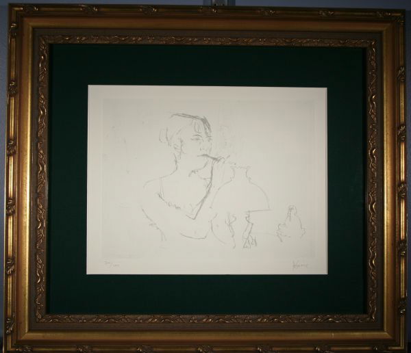 JACK LEVINE B1915 Social Realist Lim.Ed. Etching : JACK LEVINE (AMERICAN B1915), "Girls of Tunbridge Alley," etching, 8 1/2 x 11 1/2 inches, edition 34/100; pencil signed lower right. PROVENANCE: Property of a Private Collector. Framed and matted unde