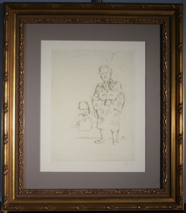 JACK LEVINE B1915 Social Realist Lim.Ed. Etching : JACK LEVINE (AMERICAN B1915), "Two Men of Business," etching, 11 3/4 x 8 3/4 inches, edition 34/100; pencil signed lower right. PROVENANCE: Property of a Private Collector. Framed and matted under gla