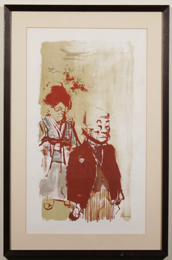 JACK LEVINE B1915 Social Realist Japanese Lim.Ed. : JACK LEVINE (AMERICAN B1915), "Old Japanese Couple (from Facing East)," lithograph, 16 1/2 x 9 1/2 inches, signed in plate lower right. PROVENANCE: Property of a Private Collector. Framed and matted u