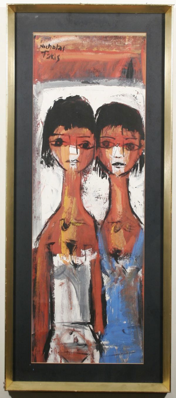 NICHOLAS TAKIS B1903 Painting Two Girls : NICHOLAS TAKIS (AMERICAN 1903-1964), "Two Little Girls," gouache on paper, 32 x 11 inches, signed upper left. PROVENANCE: Property of a Private Collector. Framed under glass. Bonita Breeding writes of