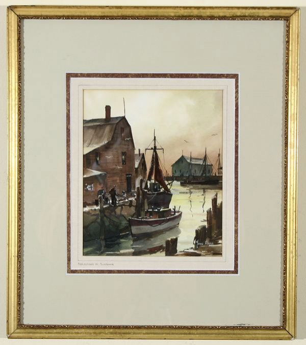 JOHN HARE B1908 Watercolor Painting Mass Boats: JOHN CUTHBERT HARE (AMERICAN 1908-1978), Reflections at Sundown, signed lower right, titled lower left, watercolor, 8 x 6 3/4 in. (20.3 x 17.2 cm). ---------- Please note, ebay allows you to bid live