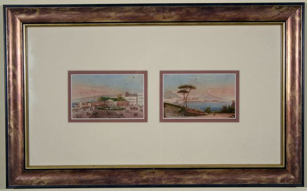ITALIAN Antique Naples Gouache Painting Vesuvius: ITALIAN 19TH CENTURY, Vesuvius and Mediterranean City Scene (pair under same frame), gouache, each 2 3/4 x 4 1/2 in. (7 x 11.4 cm). ---------- Please note, ebay allows you to bid live in real time on
