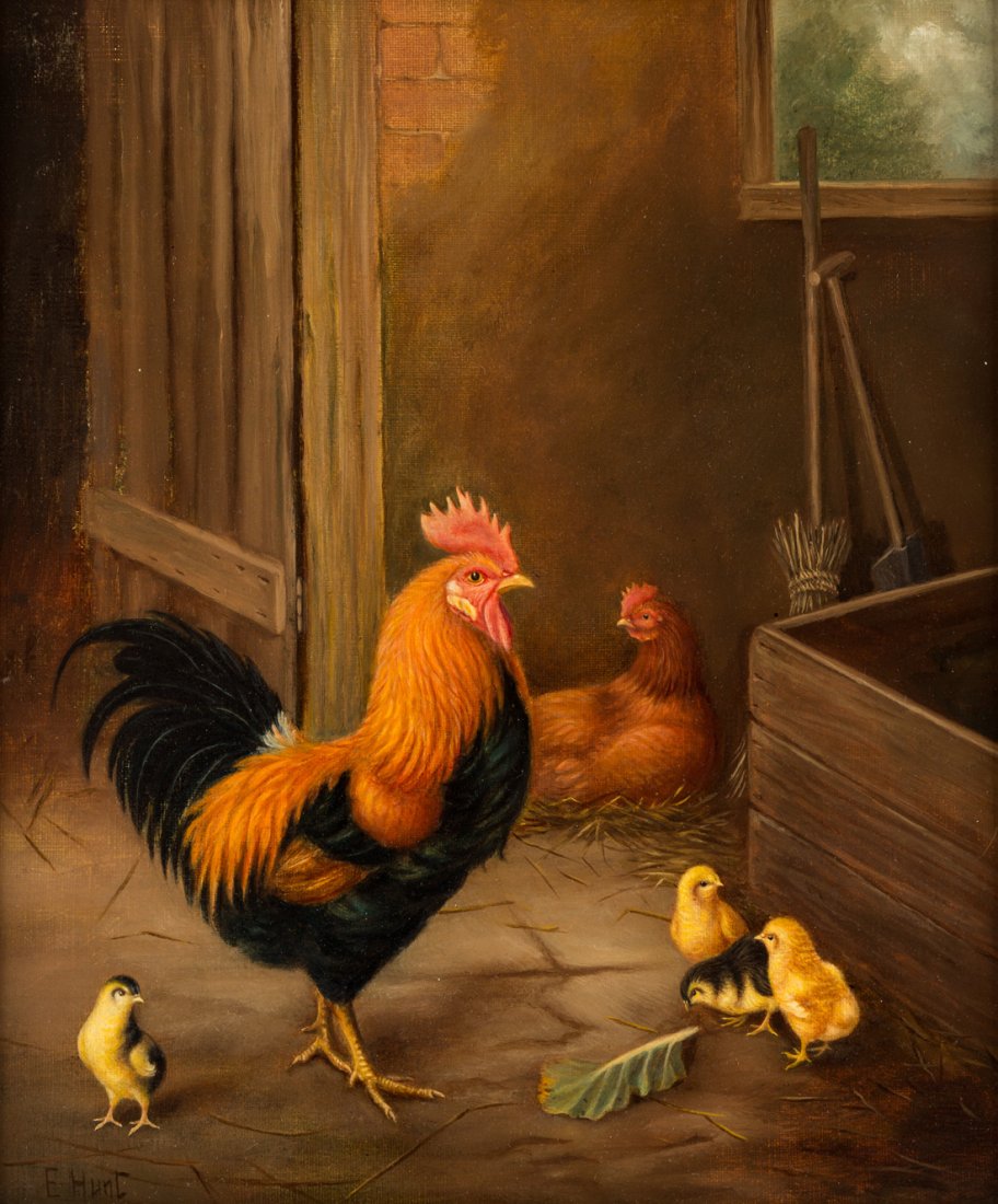 EDGAR HUNT (BRITISH 1876-1953): EDGAR HUNT (BRITISH 1876-1953) Family of Chickens in a Barn, oil on canvas 33.3 x 28.5 cm (13 1/8 x 11 1/4 in.) signed lower left