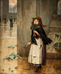 AUGUSTUS EDWIN MULREADY (BRITISH 1844-1904): AUGUSTUS EDWIN MULREADY (BRITISH 1844-1904) A London Street Flower Seller, oil on board 30.5 x 25.5 cm (12 x 10 in.) signed and inscribed lower left; signed, titled and inscribed on verso