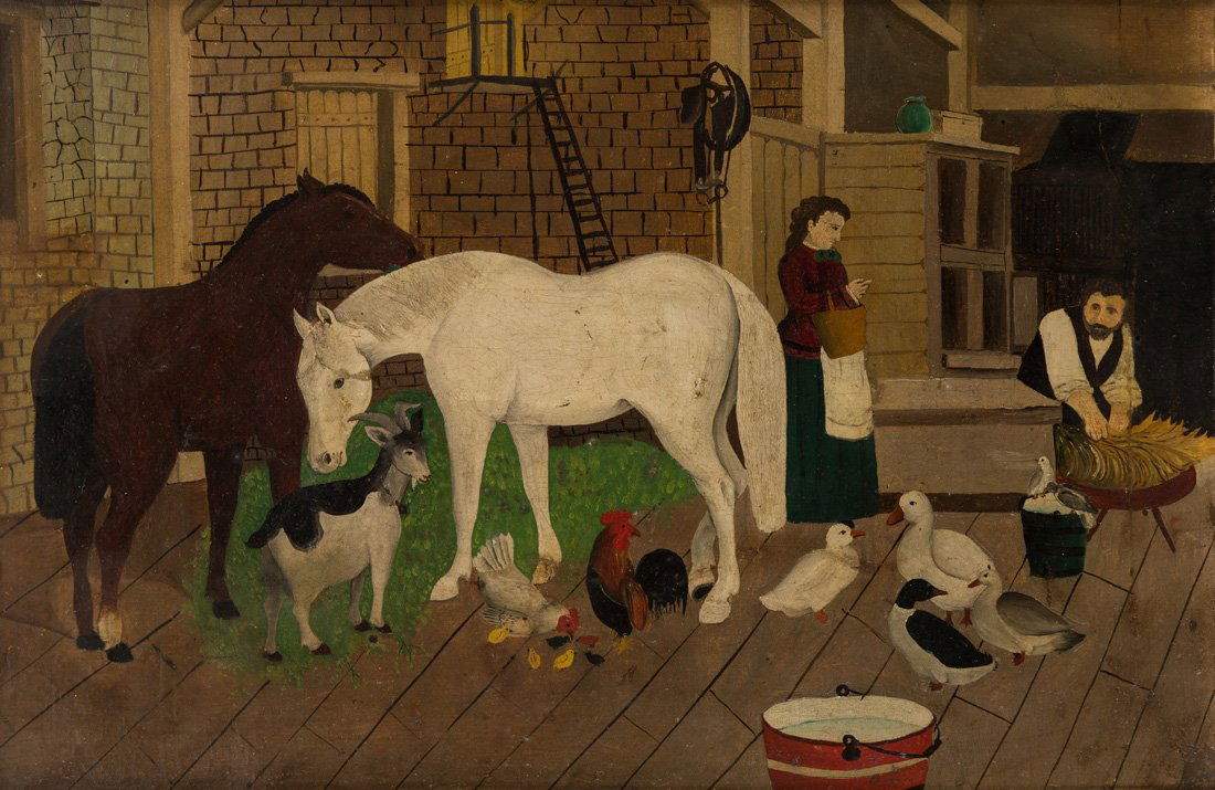 AMERICAN PRIMITIVE BARNYARD SCENE, 19TH CENTURY (1 of 3)