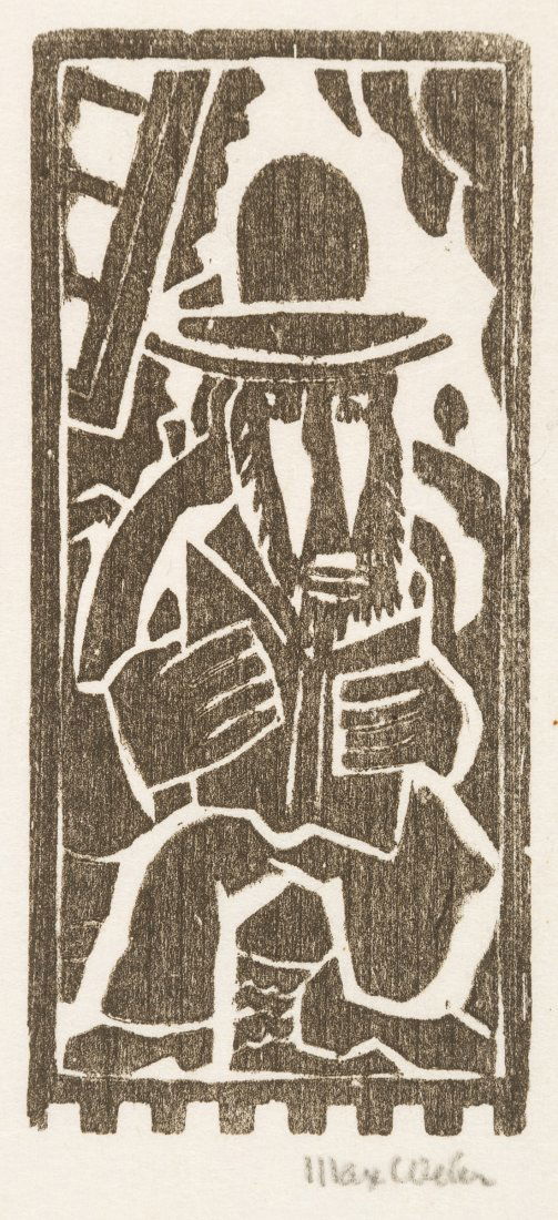 MAX WEBER (AMERICAN 1881-1961): MAX WEBER (AMERICAN 1881-1961) Rabbi Reading, circa 1919 woodcut on thin laid Japan paper 11 x 4.5 cm (4 1/4 x 1 7/8 in.) image signed in pencil, lower right THIS LOT IS BEING SOLD WITHOUT RESERVE.